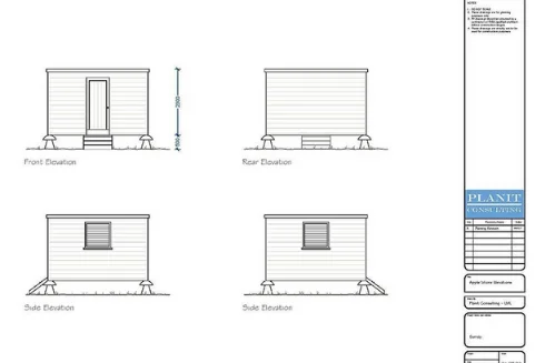 Original architectural drawing for a traditional timber-framed apple store